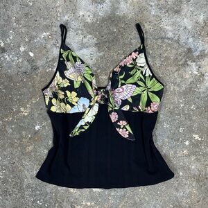 Butterfly Floral Tie Front Black Top